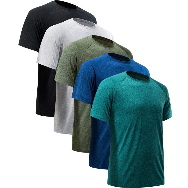 MCPORO Workout Shirts for Men Short Sleeve Quick Dry Athletic Gym Active T Shirt Moisture Wicking 5 Pack Black, Dark Blue, Army Green, Light Grey, Hydro Teal X-Large