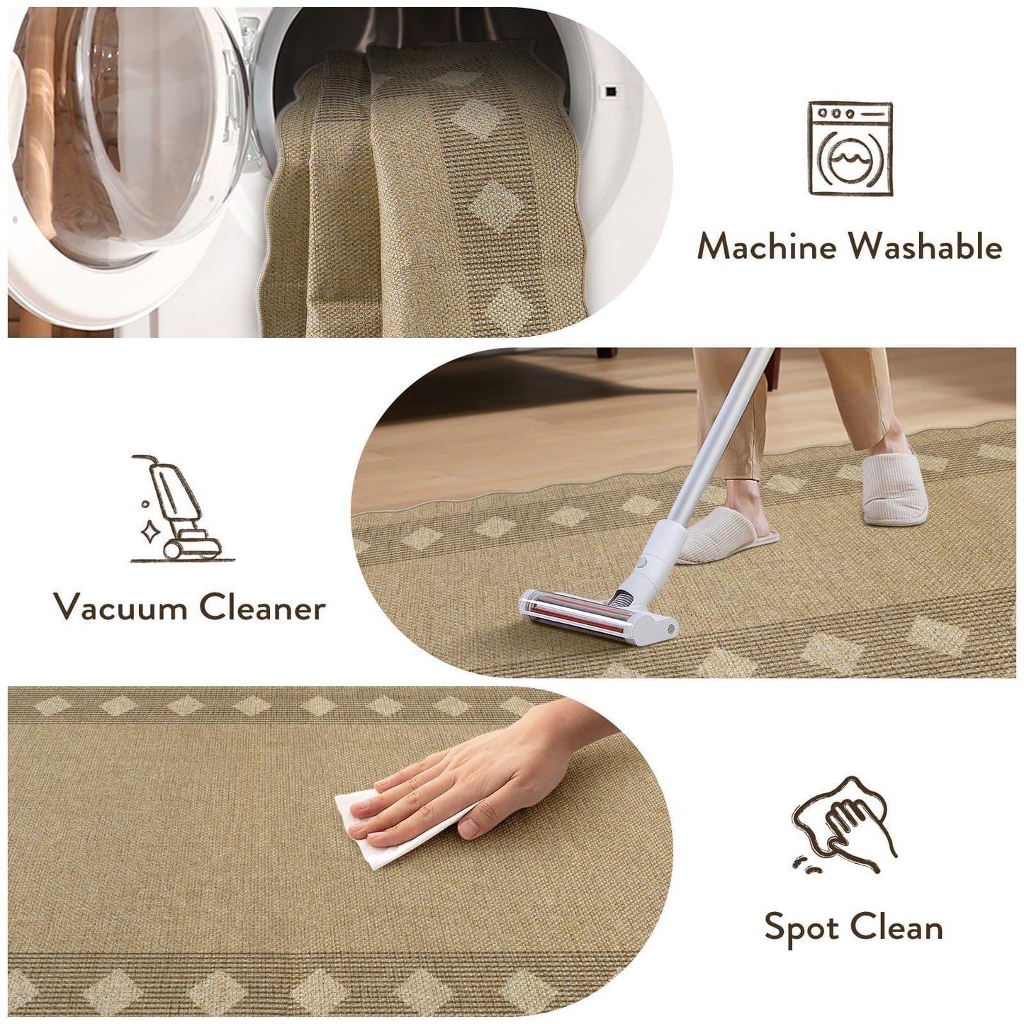 LIVEBOX Easy Jute Diamond Runner Rug for Kitchen, Scalloped Washable 2x8 Tan Rugs for Hallway Entryway, Geometric Checkered Indoor Outdoor Non Slip Rug Farmhouse Carpet Area Rugs for Porch Floor Mat