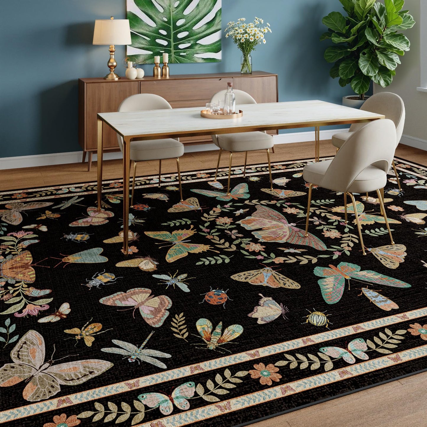 Unirea 8x10 Black Area Rug for Living Room Bedroom Under Bed, Large Washable Boho Insect Bug Rug, Non Silp Dining Room Under Table, Thin Soft Low Pile Stain Resistant Carpet for Home Office