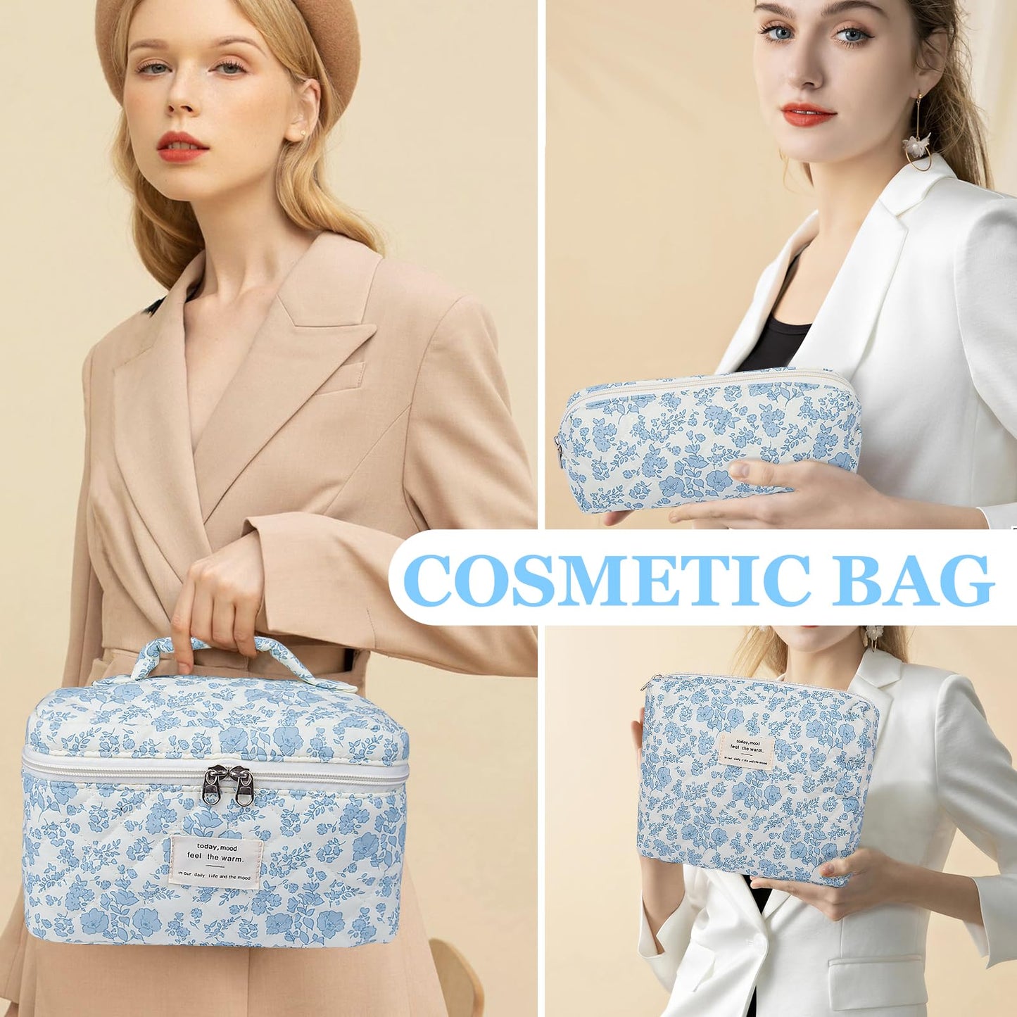 Gosect Makeup Bag, Large Quilted Cosmetic Bag, Big Floral Make Up Bag for Women Girls, Cute Cotton Makeup Bag Set, Flower Travel Toiletry Organizer Bag (Blue Flower)