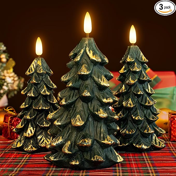 Green Christmas Tree Shaped Flickering Flameless LED Candles with Timer, Real Wax Battery Operated, Set of 3