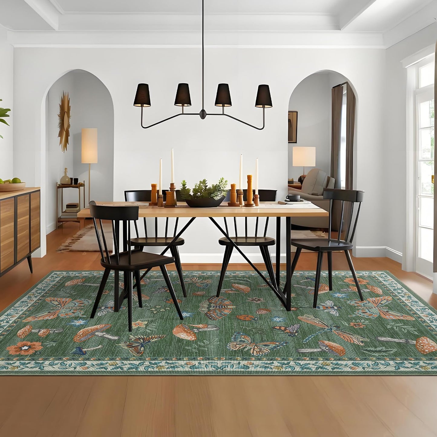 ROYHOME Mushroom Washable Rug 5x7 Area Rugs for Living Room, Insect Print for Bedroom, Non Slip Throw Rugs with Rubber Back, Soft Low Pile Dining Room Carpet for Under Table, Green