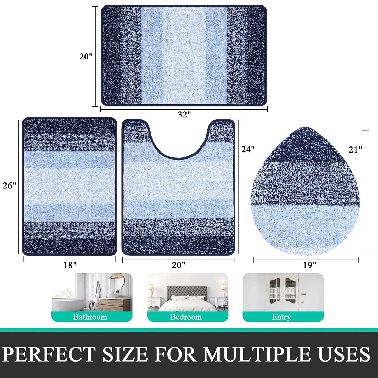 Bsmathom Bathroom Rugs Sets 4 Piece, Soft Absorbent Microfiber Bath Rugs with U-Shaped Contour Toilet Rug and Toilet Lid Cover, Thick Non-Slip Plush Shaggy Bath Mat Set,Navy Blue