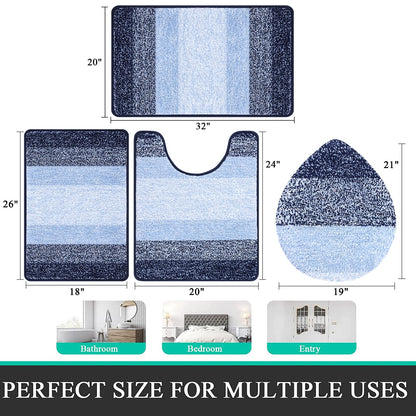 Bsmathom Bathroom Rugs Sets 4 Piece, Soft Absorbent Microfiber Bath Rugs with U-Shaped Contour Toilet Rug and Toilet Lid Cover, Thick Non-Slip Plush Shaggy Bath Mat Set,Navy Blue