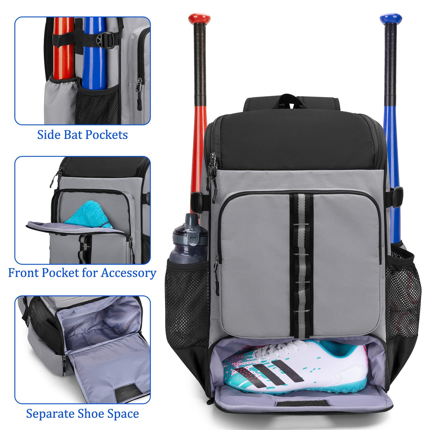 GOBUROS Baseball Backpack Holds Up to 4 Bats, Softball Bat Bag for Men Gray