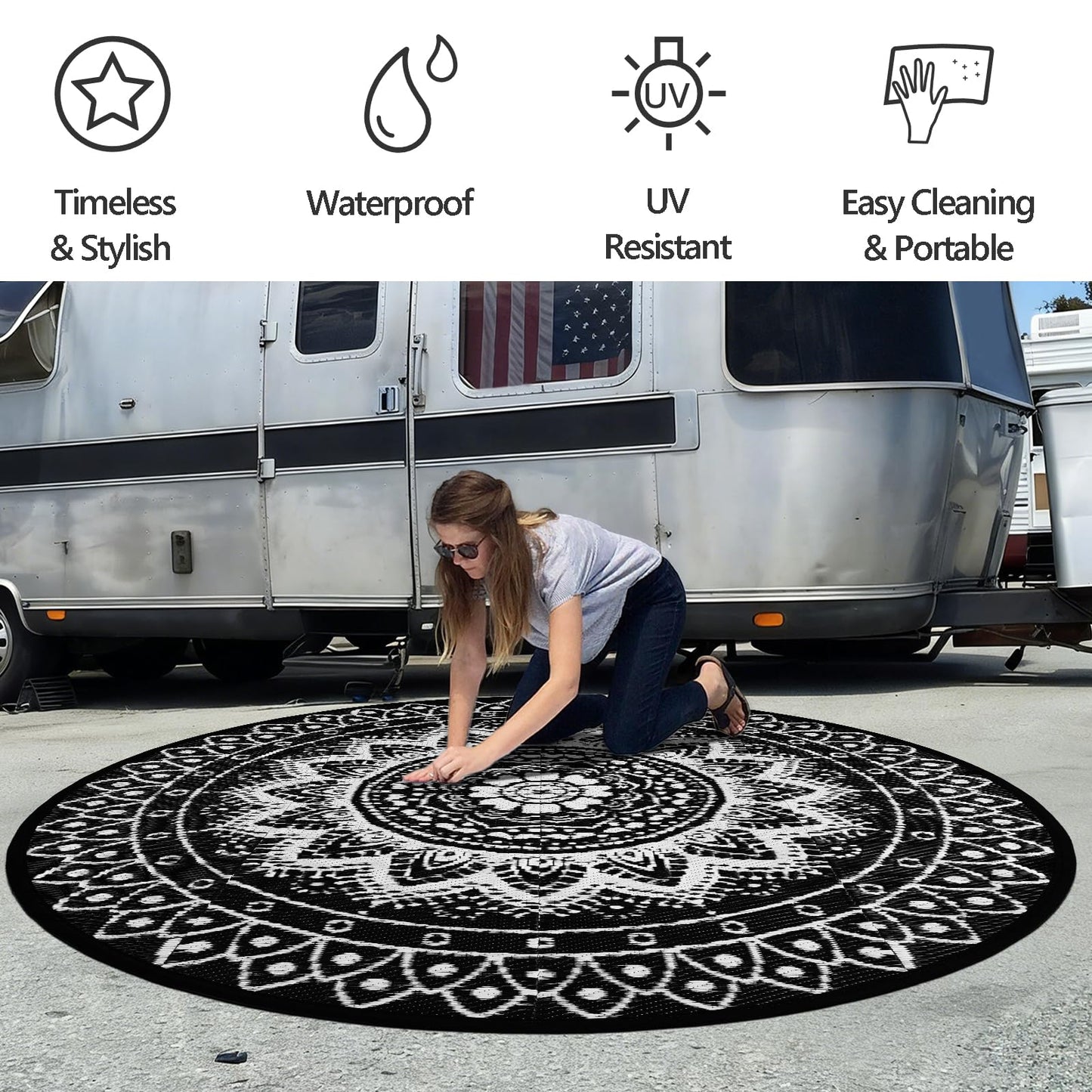 Round Outdoor Rugs for Patios, 6Ft Waterproof Reversible Plastic Straw Mat with Carry Bags, Boho Lightweight Outdoor Carpet Portable Round Floor Mat for Patio Camping Picnic Backyard RV,Black & White
