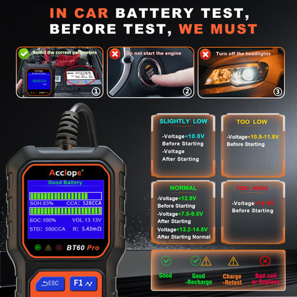 Acclope BT60 PRO Car Battery Tester 6V/12V/24V, 2-120Ah, 100-3000 CCA, Alternator & Starter/Charging System Analyzer, Automotive Load Test, QR Cloud Report (No App), for Car Truck Motorcycle Marine/RV