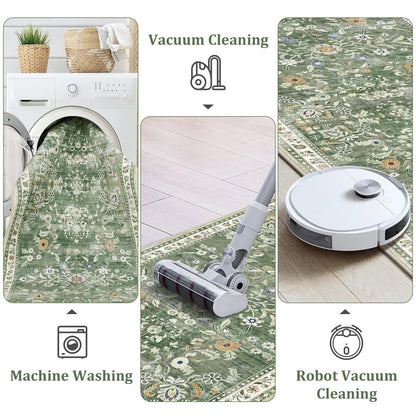 Yamaziot Washable Runner Rug 2x8 – Non Slip Boho Floral Hallway Runner Rug with Rubber Backing, Low Pile Wool Distressed Carpet for Kitchen, Laundry, Bedroom, Entrance, Mottled Green