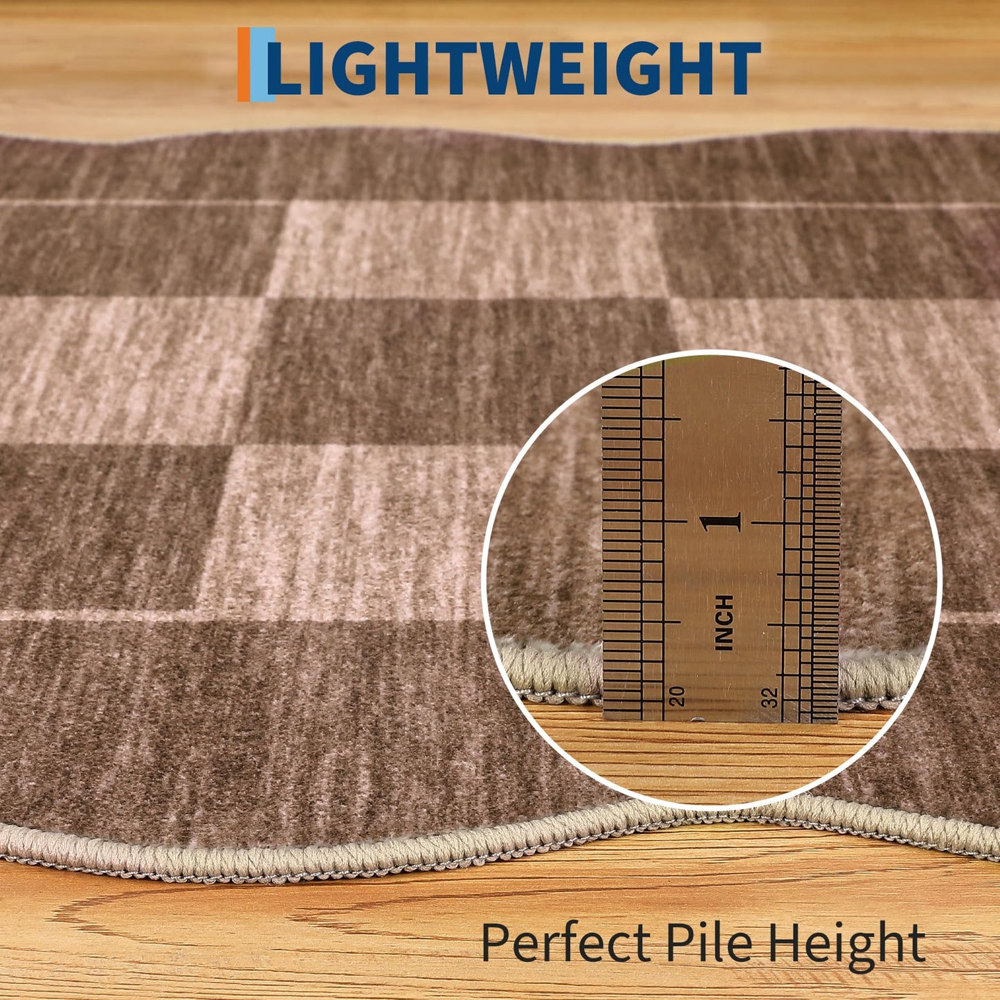 GarveeHome Scalloped Living Room Rug 8x10 Washable Area Rug for Dining Room Bedroom Low Pile Neutral Area Rugs Modern Checkedboard Farmhouse Floor Cover Brown