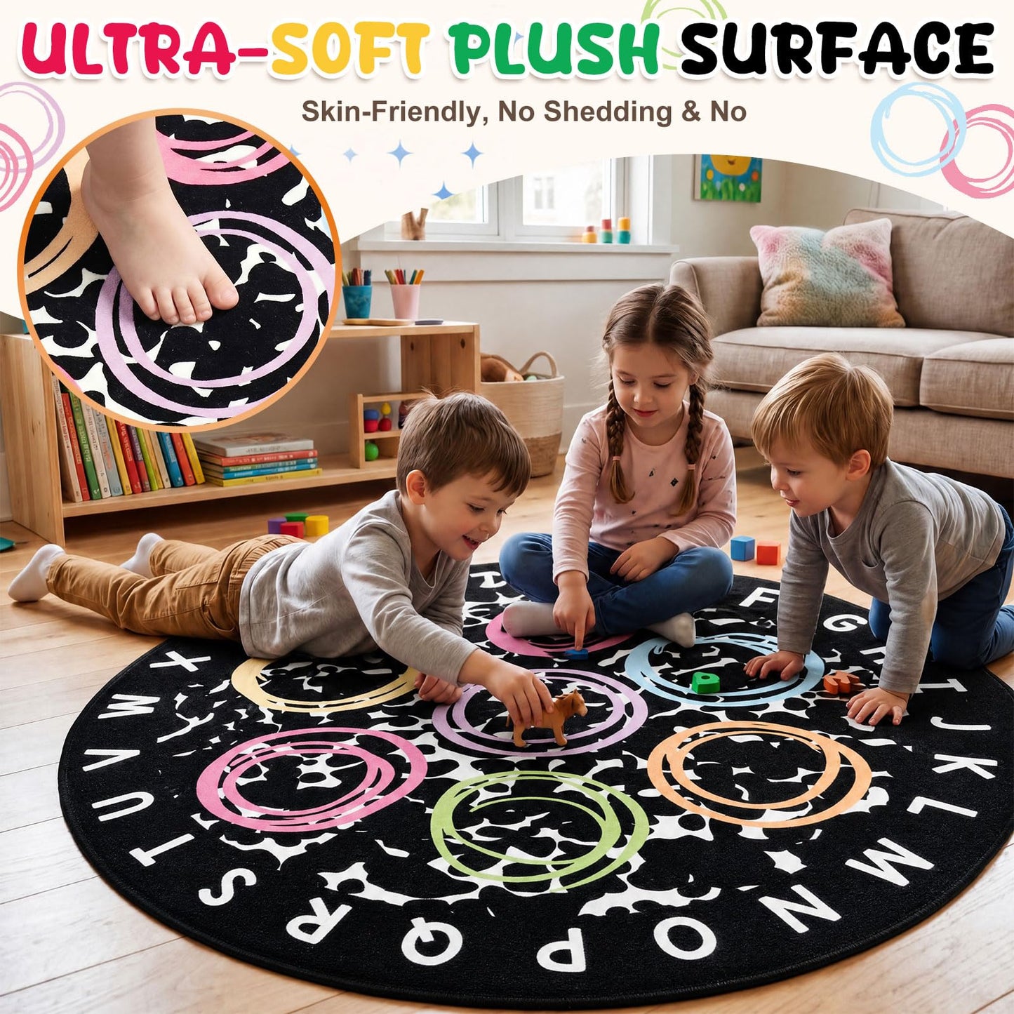 Coume Classroom Rug Elementary 5.9 ft Round ABC Alphabet & Animal Words Educational Carpet Large Learning Play Mat with Non-Slip Backing for Kids Toddlers Preschool Kindergarten (Abc's Circle)