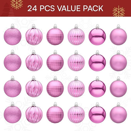 JOIEDOMI 24 Pcs Pink Christmas Balls Ornaments Set, 2.36" Christmas Tree Ornaments Shatterproof, Xmas Balls Hanging Decorations for Tree Wreath Garland Holiday Wedding Indoor Party Decor