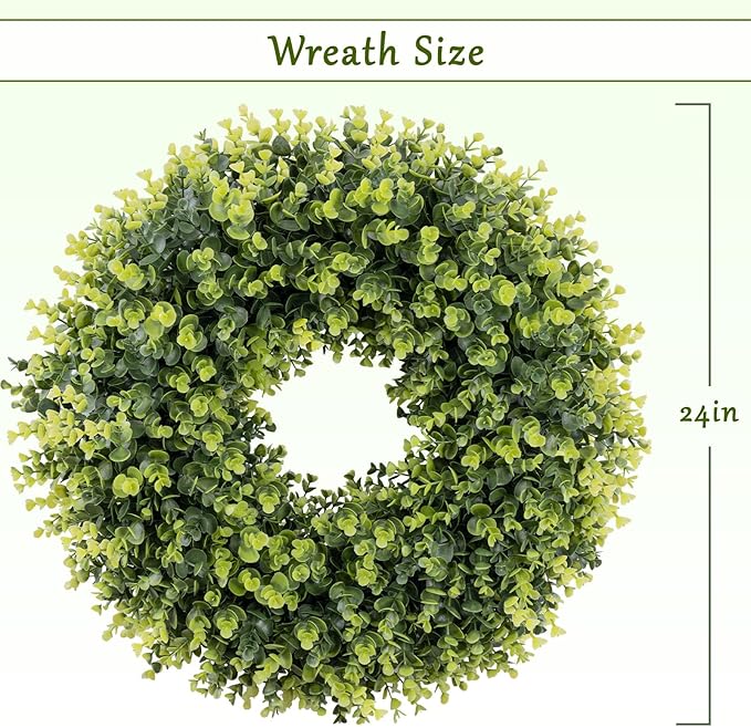 24 Inch Large Boxwoods Green Spring Artificial Wreath for Front Door, Year Round Spring Summer Winter Wreaths for Wall Window Porch Home Farmhouse Wedding Outdoor Outside Indoor Decorations