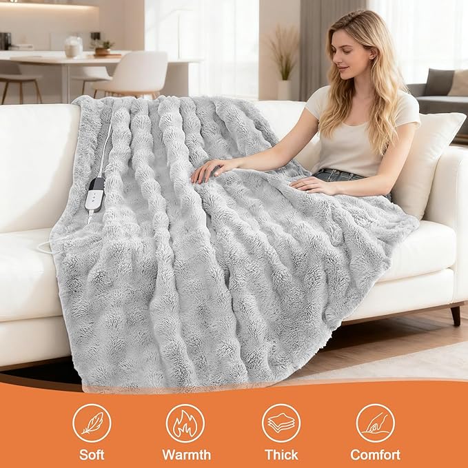 Heated Blanket Electric Throw Blanket 50''X 60''-Heating Blanket with 6 Heat Settings-4 Hours Auto Off,Cozy Faux Rabbit Fur Bubble Electric Blanket,Light Gray