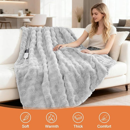 Heated Blanket Electric Throw Blanket 50''X 60''-Heating Blanket with 6 Heat Settings-4 Hours Auto Off,Cozy Faux Rabbit Fur Bubble Electric Blanket,Light Gray