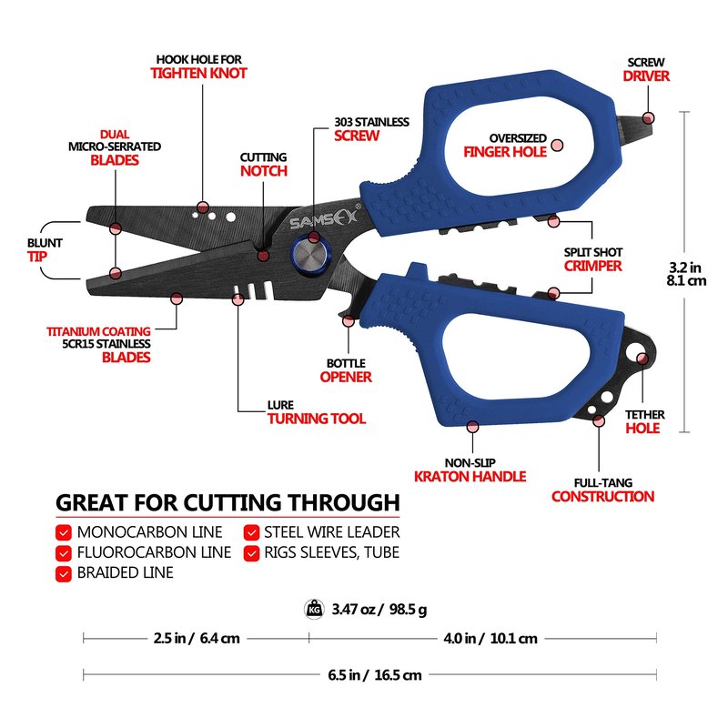SAMSFX 6.5" Pro Fishing Shears Dual Serrated Blades, Fishing Braided Line Scissors with Titanium Coating, Non-Slip Grip & Multifunction Tool, Includes Hard Molded Locking Sheath & Coiled Lanyard