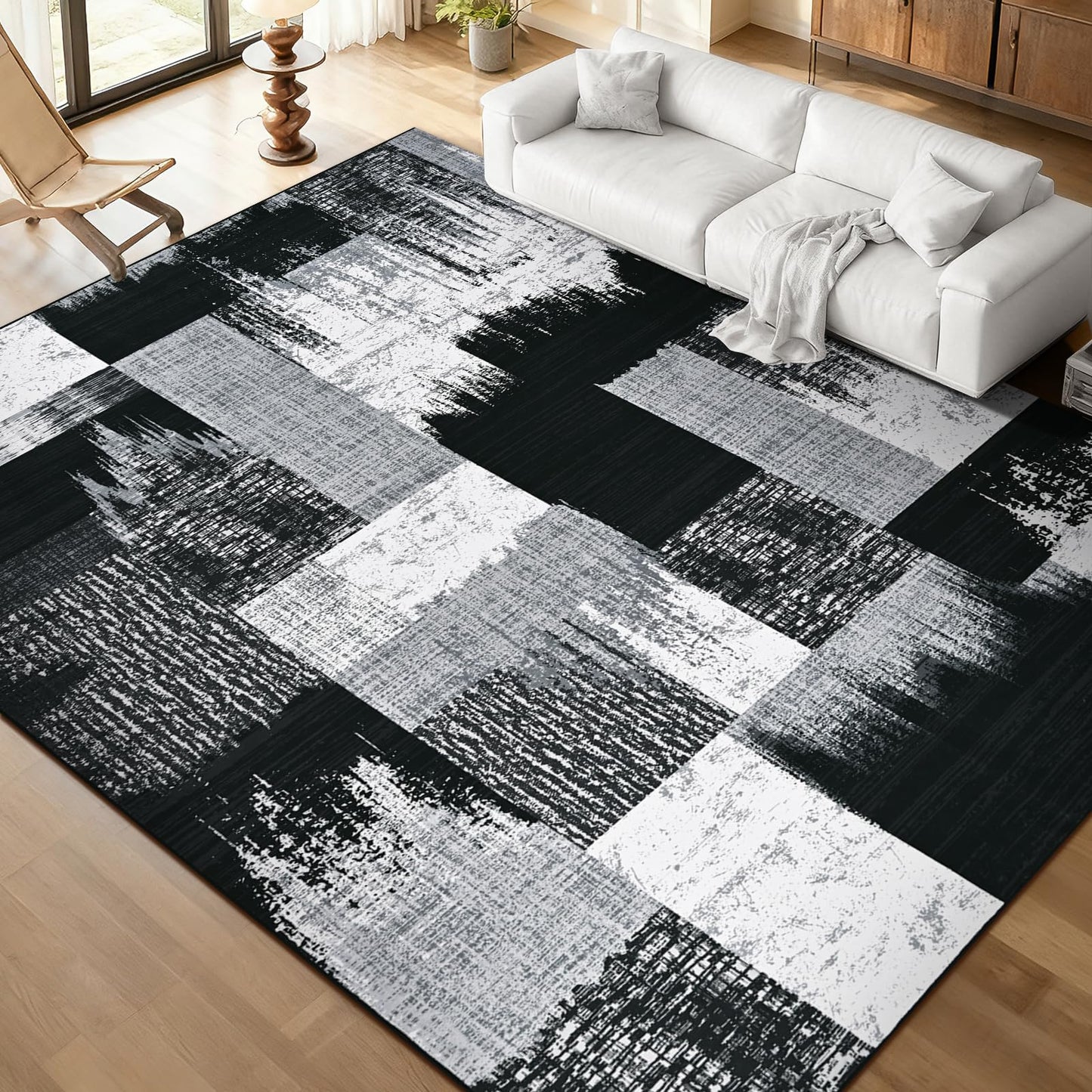 Yinhua Modern Geometric 8x10 Area Rugs, Patchwork Grey Rugs for Living Room Washable Abstract Rug Non Slip, Soft Bedroom Rug Stain Resistant, Mid Century Low Pile Carpet for Dining Room, Office