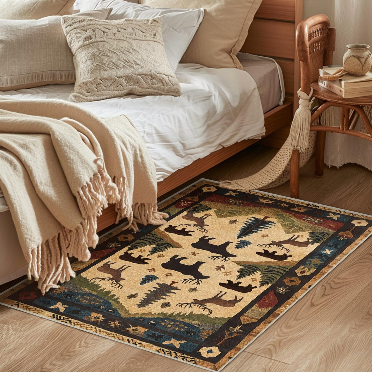 Farmhouse Cabin Area Rug Rustic Deer Bear Washable 2x3 Rugs for Living Room Bedroom Western Country Non-Slip Soft Floor Large Carpet for Office Entryway Bathroom