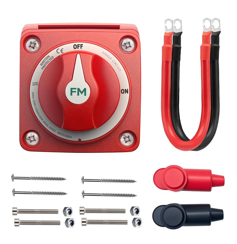 FASTSTORM 300A Waterproof Battery Disconnect Switch 12V-48V, On/Off Kill Switch for Marine, RV, Car, Boat, Truck, ATV, UTV, Ignition Protected with Cable