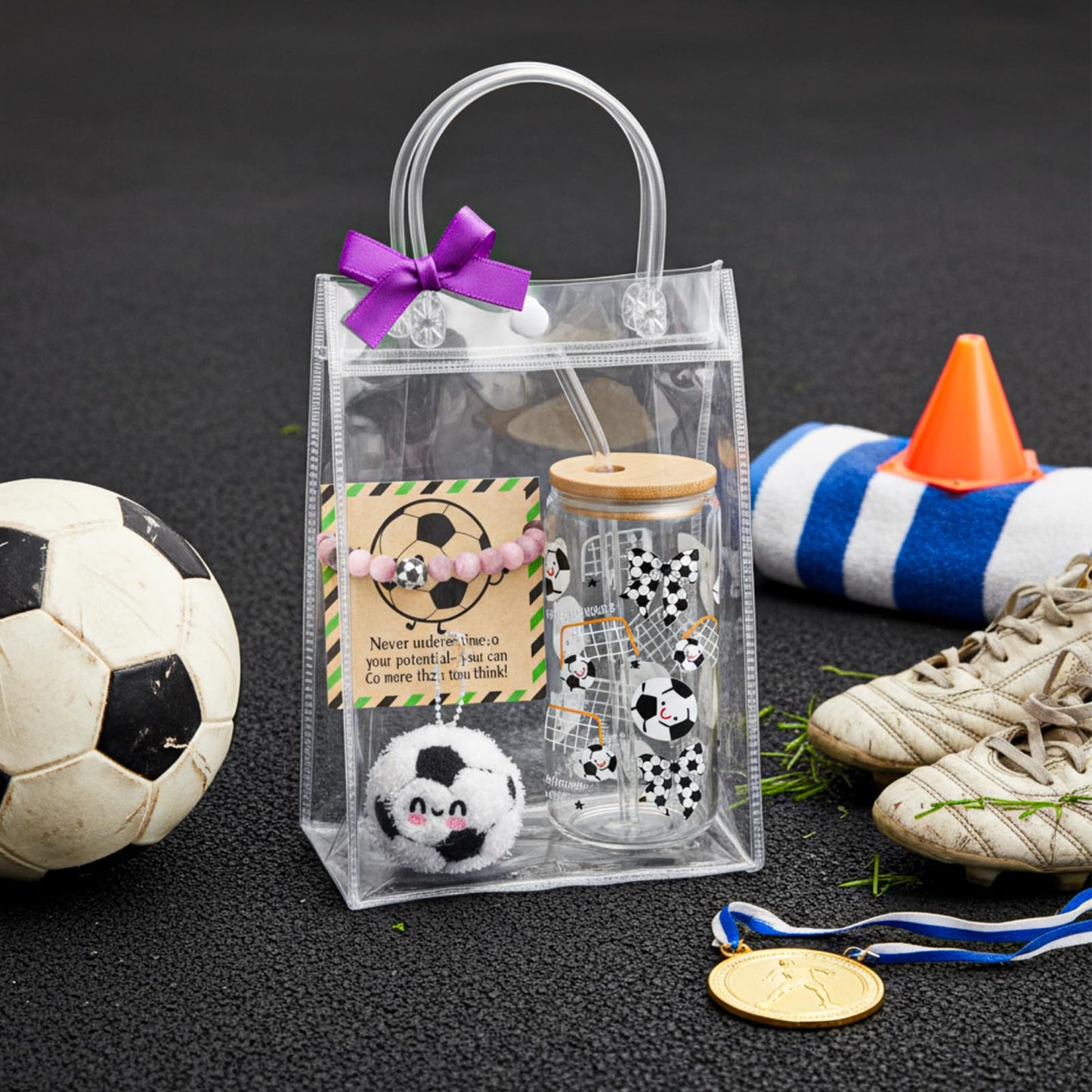 Roshtia 6 Pcs Soccer Lover Gifts Straw Glass Cup Support Doll Natural Stone Bracelet with Ribbon Card Bag Office Inspirational Gift for Coworker Team Player Sport Party Favor