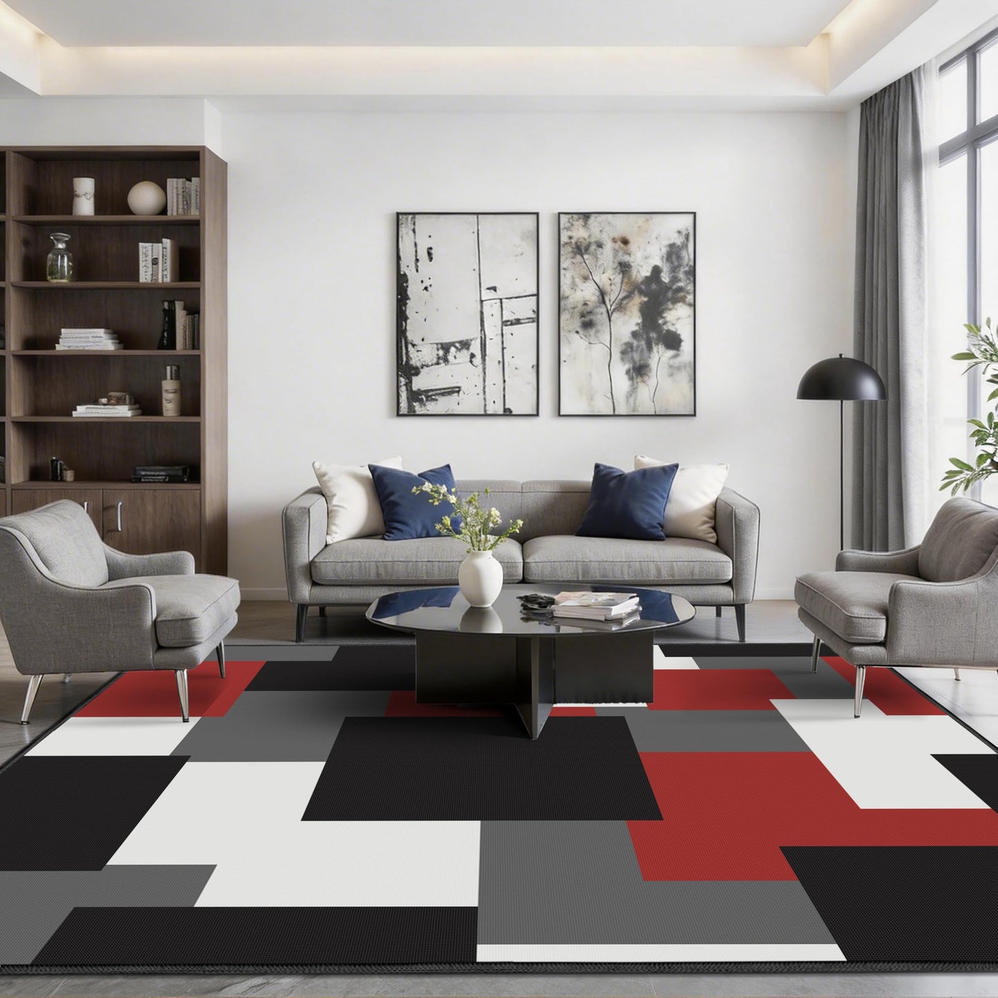 Tyrot Modern Geometric 8x10 Area Rugs for Living Room Ultra Thin Linen-Look Abstract Indoor Rug Non Slip & Non-Shedding Washable Red Grey White Rug for Bedroom, Dining Room Home Office