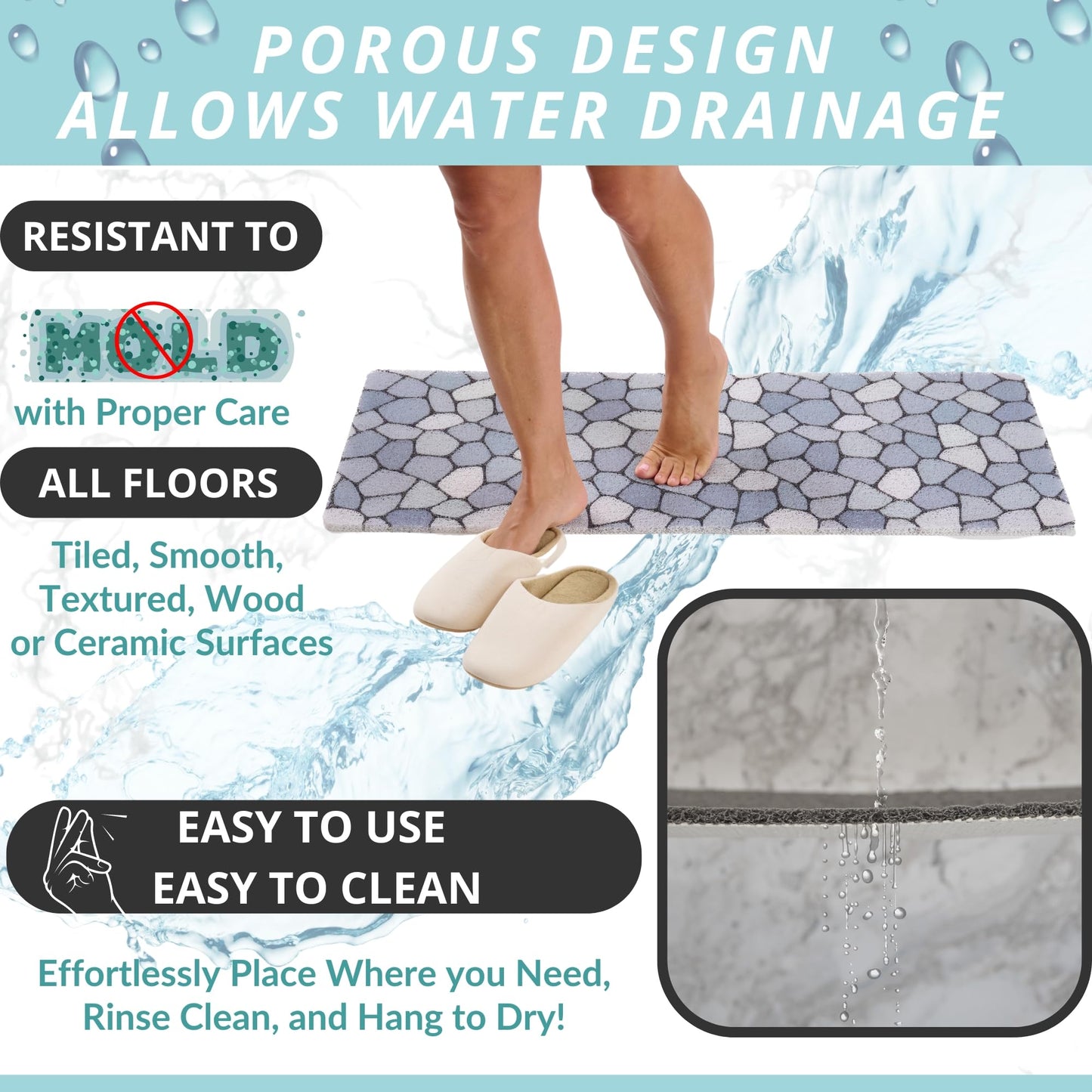 Non Slip Bathtub Mat Shower Mat for Tub - Loofah Bath Mats for Bathroom - 40x16 Bathtub Floor Mat - Textured Anti Slip Bath Mat Without Suction Cups - Secure Mat for Wet Areas (40x16 Pebble Blue)
