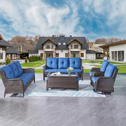 Rilyson Wicker Patio Furniture Set - 7 Piece Rattan Outdoor Sectional Conversation Sets with 2 Rocking Swivel Chairs,2 Ottomans,2 Sofa and 1 Coffee Table for Porch Deck Garden(Brown/Blue)