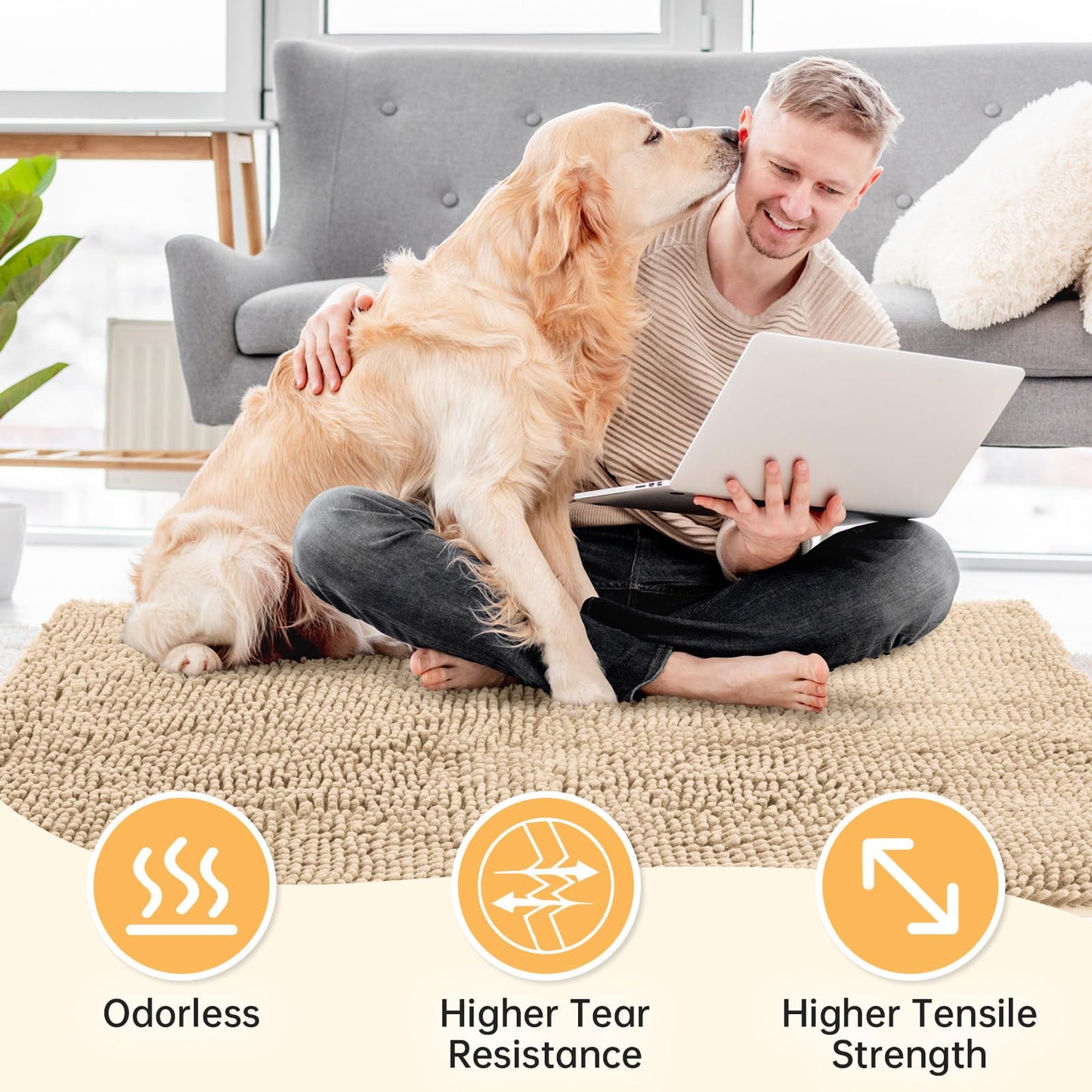HOMEK Absorbent Dog Door Mat for Muddy Paws, 60" x 24" Chenille Indoor Mats for Entryway, Trap Dirt Front Door Mat Indoor Entrance Washable Non Slip Soft Beige