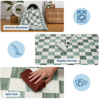 Garvee 9x12 Checkered Area Rug, Washable Soft Rugs for Living Room, Modern Geometric Non Slip Low Pile Carpet for Bedroom, Dining Room, Green