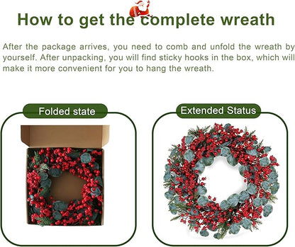 Artificial Christmas Wreath 22inch Christmas Wreaths for Front Door Xmas Red Berry Wreath with Eucalyptus Leaves Pine Needles Red Berries for Wall Farmhouse Window Winter Holidays