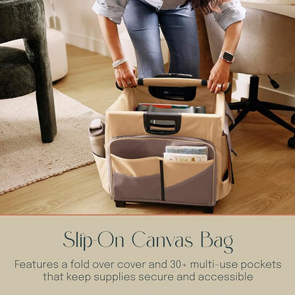 Mobile Folding Utility Cart with Canvas Storage Organizer Bag, Rolling Cart, Chocolate/Sand