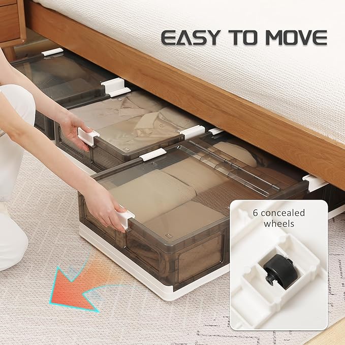 Under Bed Storage Containers with Wheels - Stackable, Foldable Plastic Storage Boxes with Lids for Clothes, Shoes, Blankets - Perfect for Bedroom Organization and Dorms (1 Pack-25.2''x16.5''x7.1'')