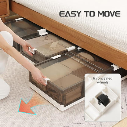 2-Pack Under Bed Storage Containers with Wheels - Stackable, Foldable Plastic Storage Boxes with Lids for Clothes, Shoes, Blankets - Perfect for Bedroom Organization and Dorms