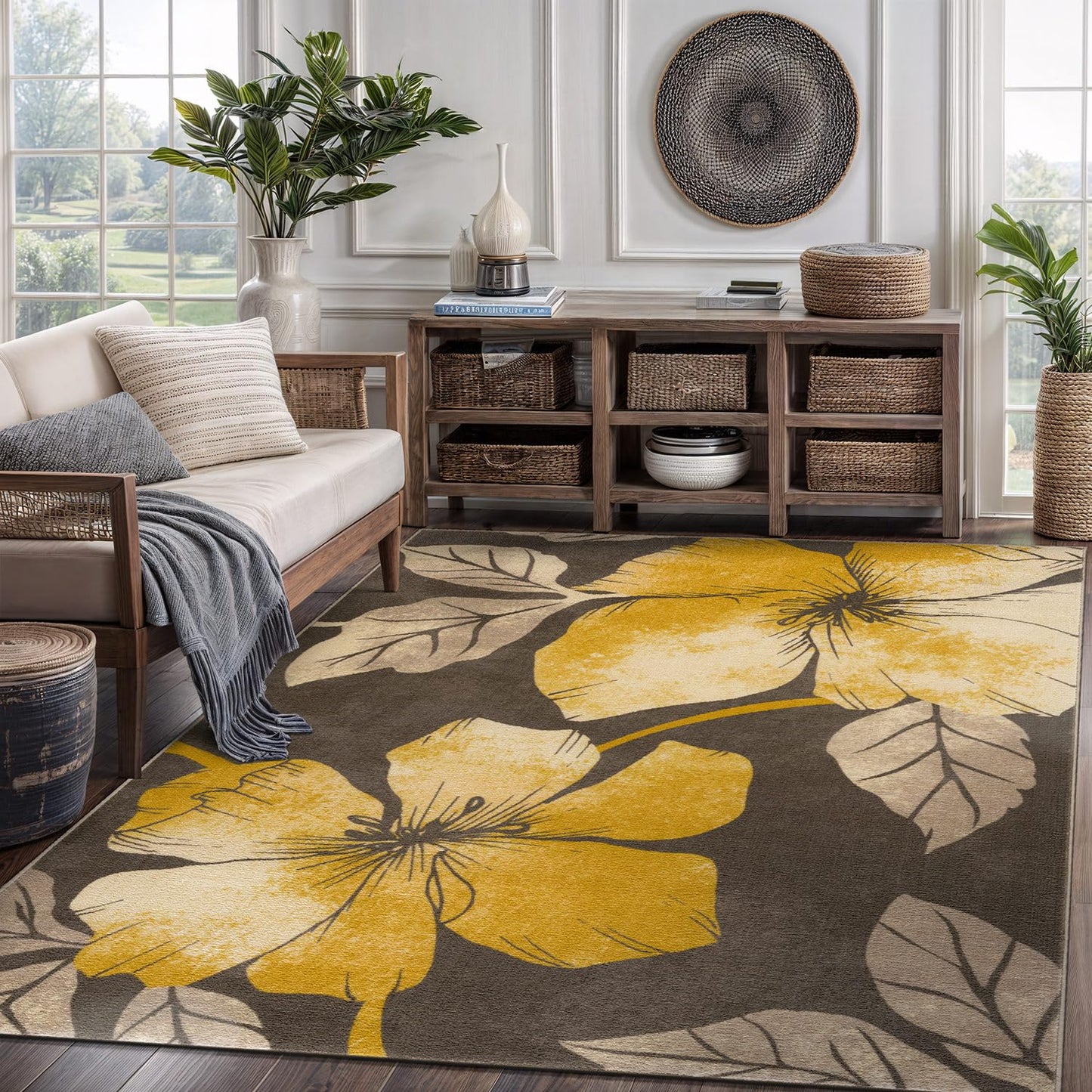 CAMILSON Solana Modern Floral 5x7 Area Rugs Non-Skid (Non-Slip) Rubber Backing Yellow - Brown Flowers Indoor Rug (5 x 7, Yellow Brown)
