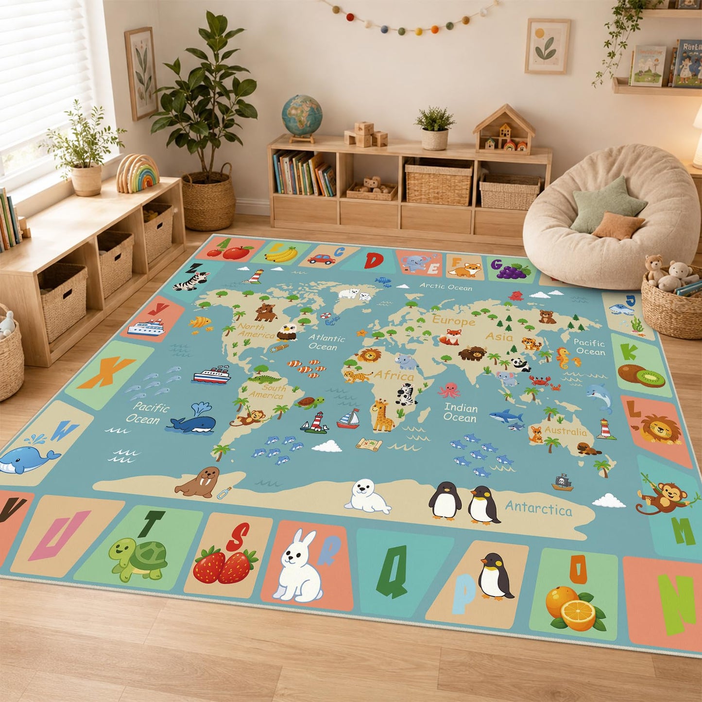 Cryvera ABC Alphabet World Map 5x7 Rug for Classroom Preschool Playroom Kids Learning Play Mat for Toddlers Daycare Educational Nursery Machine Washable Non-Slip Area Rug