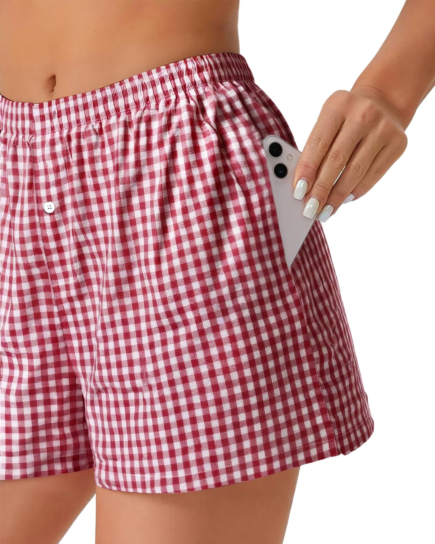 Boxer Shorts for Women Summer Gingham Pajama Casual Plaid Shorts Y2K Beach Bottoms with Pocket(Red, M)