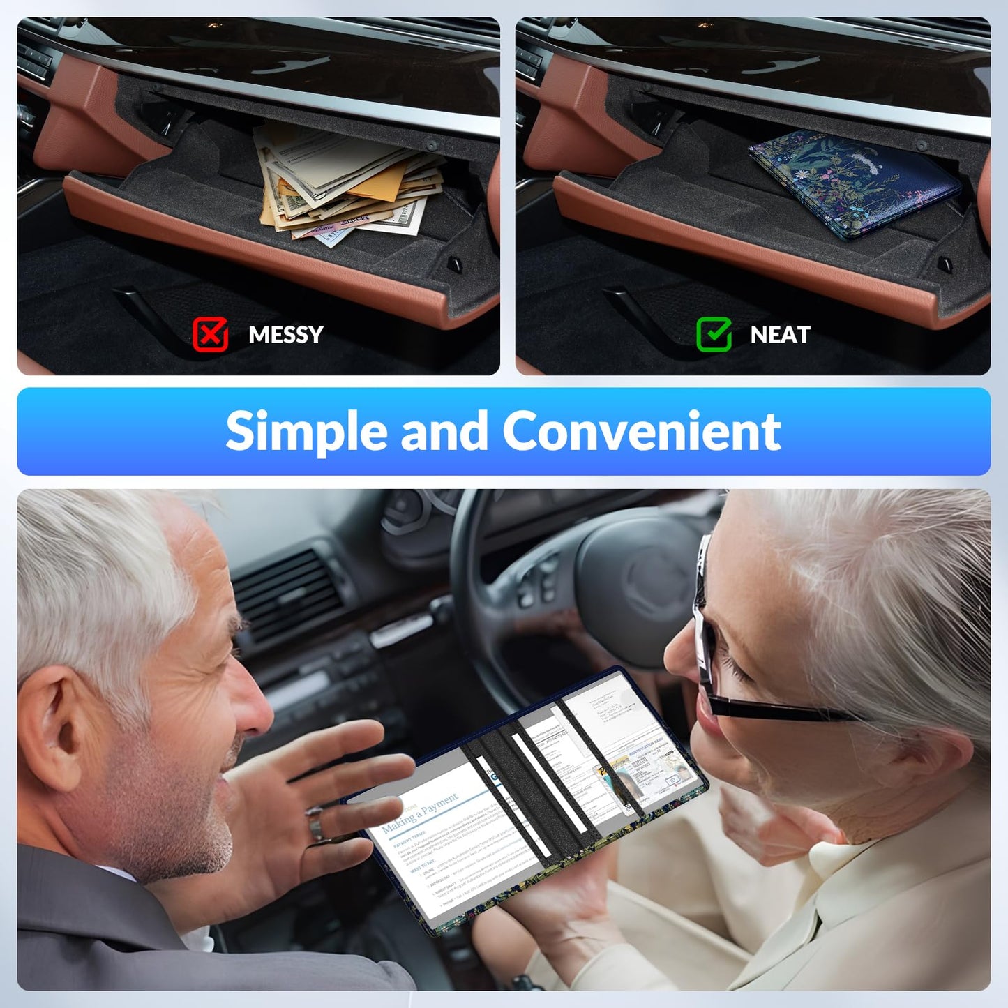 Pisypox Car Registration and Insurance Card Holder，Vehicle Glove Box Car Organizer，Accessories Case for Storing Driving Licences, Cards, Documents