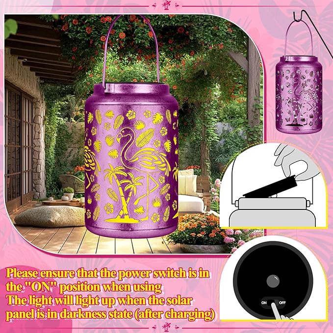 Solar Lanterns Outdoor Waterproof Flamingo Garden Decor Lantern, Gifts for Women ,Retro Metal Hanging Solar Lights Decoration Outside for Yard, Patio,Backyard,Porch (Purple