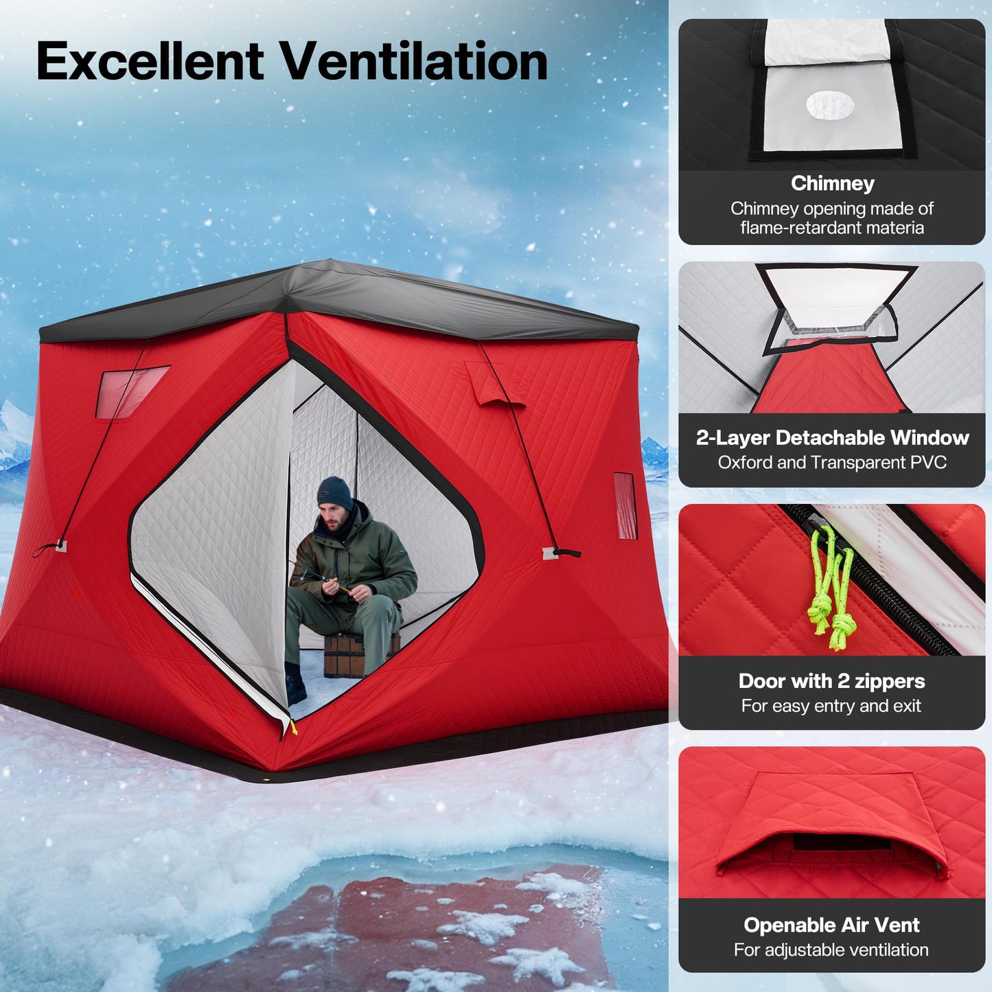 Albott Insulated Pop-Up Ice Fishing Tent, 4–5 Person Ice Shanty with 3-Layer Oxford Fabric, Waterproof Cover, Chimney Vent, Anchors & Ropes, Portable Warm Shelter with Carry Bag