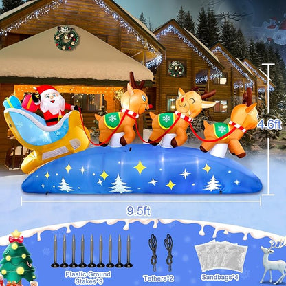 9.5FT Christmas Inflatables Outdoor Decorations Santa Claus on Sleigh with 3 Reindeer Christmas Blow ups Built in LED Lights Inflatable Christmas Decorations for Holiday Garden Lawn