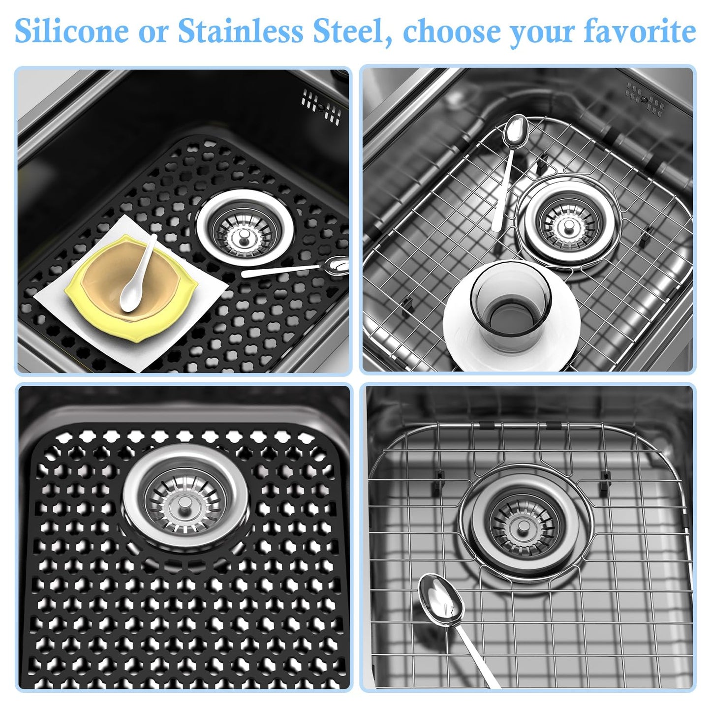 BEHOK 2 Pack Silicone Sink Protector for Kitchen Sink, 13.58" x 11.6" Heat-resistant Sink Mat Non-Slip and Durable Silicone Protectors, Rear Drain, Black
