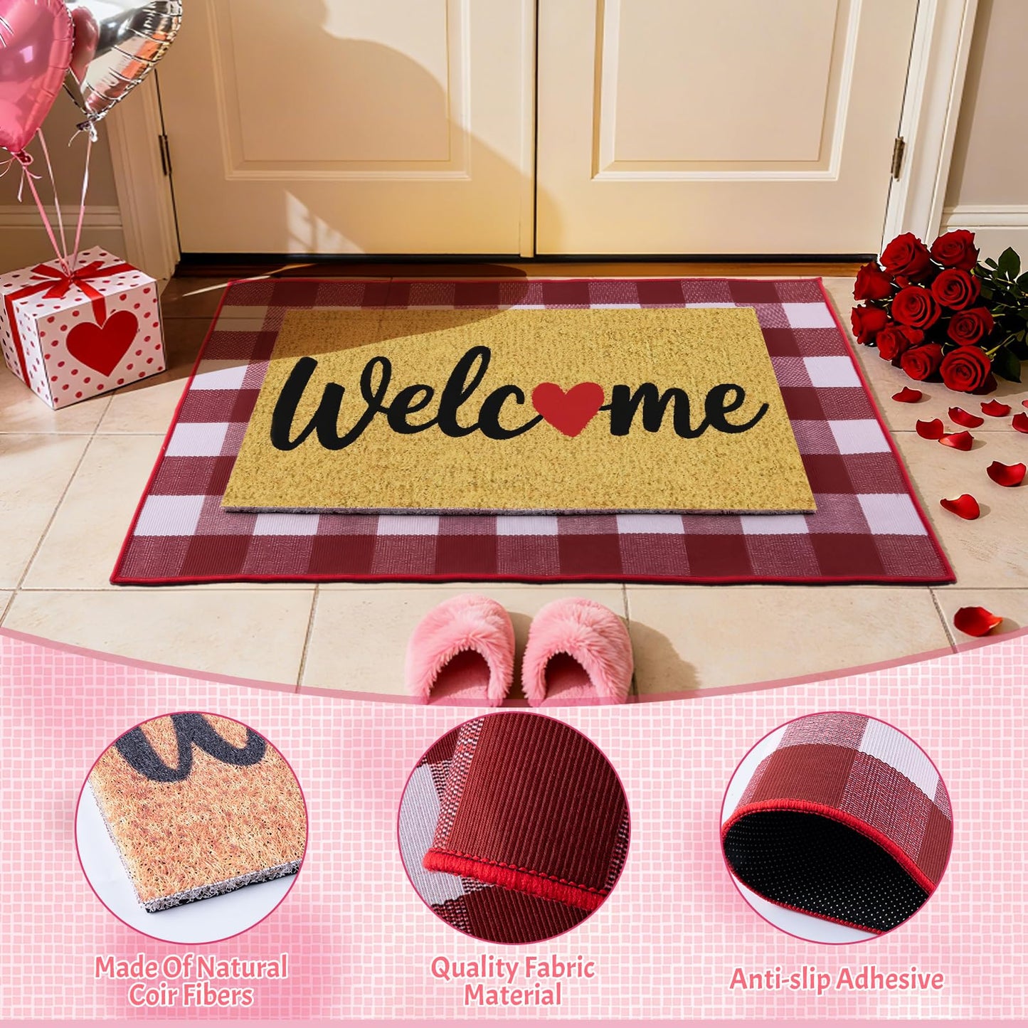 APUDWN 2 Pcs Valentines Day Welcome Doormat, Heart Welcome Door Mat Valentines Day Non Slip Coir Plaid Mat Layering Doormats Seasonal for Home Bathroom Front Porch Entryway Decor 24"x 32"