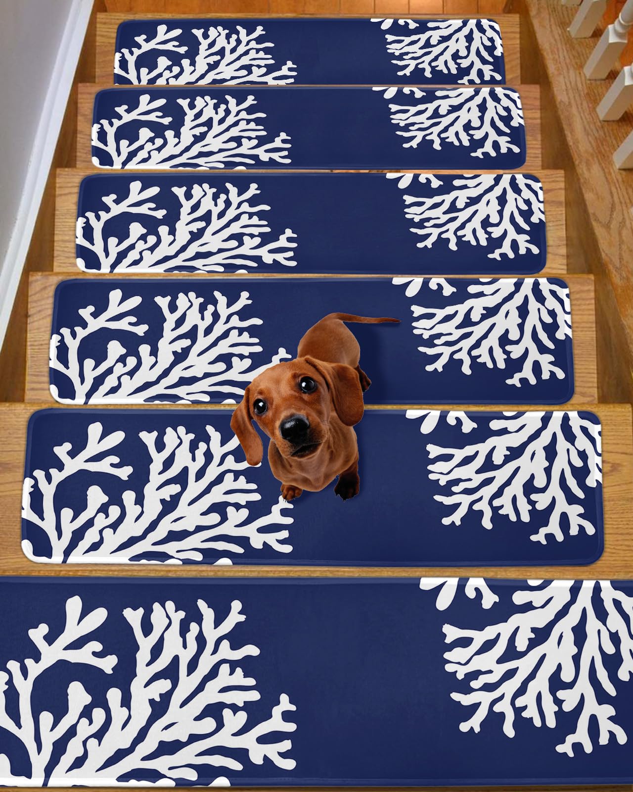 LBCASA Stair Treads Non Slip Indoor for Wooden Steps, Navy Blue Coral 15 Pcs Stair Mats for Kids Elders Dogs, 8 x 30 Inch Coastal Summer Beach Nautical Seaside Carpet Treads Runner Rugs for Staircase