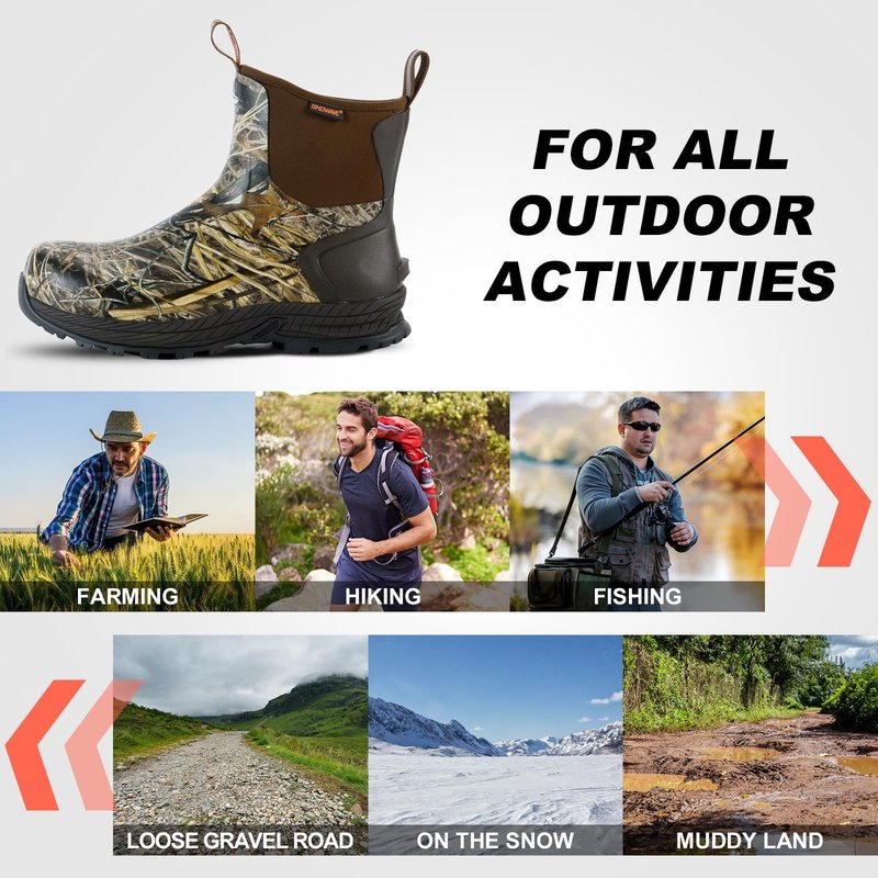 Showave Men's Rain Boots Waterproof Excursion Rubber Boots Insulated Mud Booties for Trekking Gardening Farming Camping Fishing and Chore Work (Camo, Size 8)