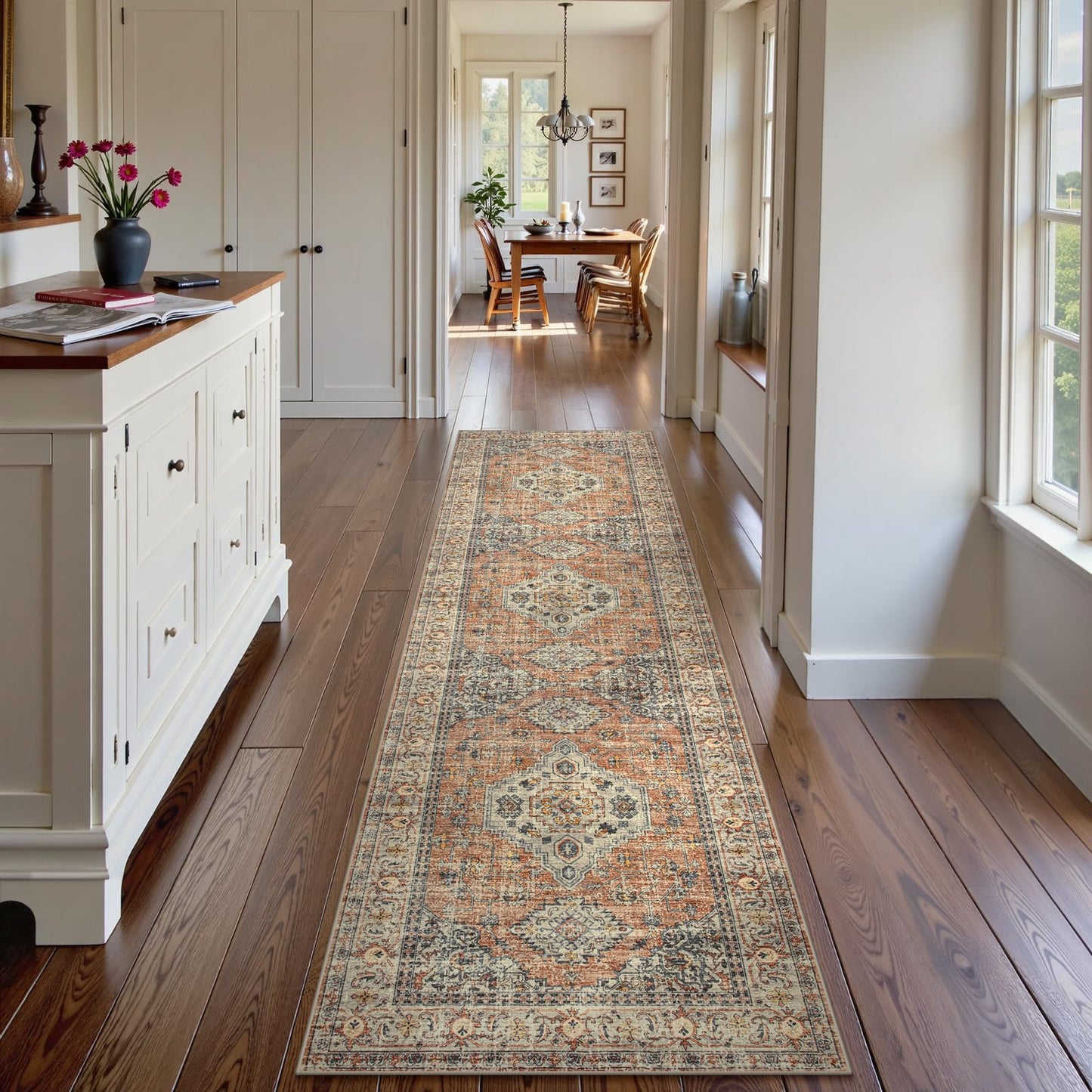 Lahome Oriental Hallway Runner Rug, 2.5x8 Kitchen Runner Non Slip Ultra-Thin, Soft Washable Hallway Rug Distressed Long Carpet for Entryway ‎Laundry Room Bathroom Eleanor, Peach/Orange