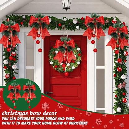 Xinnun 4 Pieces Christmas Buffalo Plaid Bows with Pine Cones Pine Needles Xmas Plaid Bow Ornament Christmas Tree Wreath Decoration for Holiday Parties DIY Crafts Home Decor (Red)