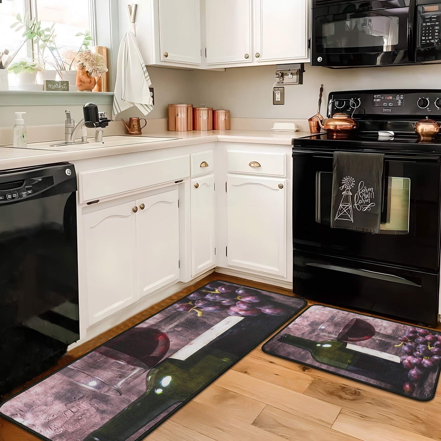 Yovirinto Wine Kitchen Rugs and Mats Sets of 2, Non Skid Washable Absorbent Microfiber Farmhouse Kitchen Mat for Runner Hallway Doormat Bathroom 17"x 47"+17"x 30"
