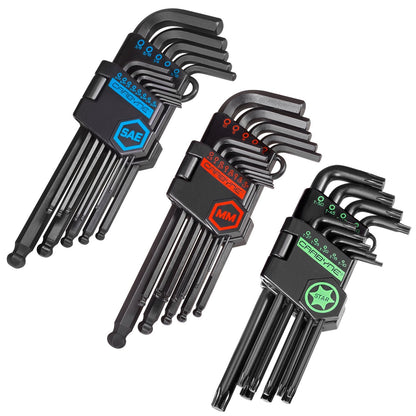 35-Piece Long Arm Ball End Hex (Allen) Key Wrench Set, Metric, SAE and Torx Keys, S2 Steel, 1.27mm to 10mm, 0.05 to 3/8 in, and T10 to T50, for Automotive, Bicycle, Household and Furniture Repair