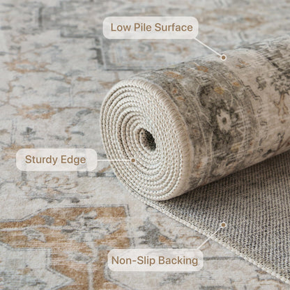 GENIMO 5FT Round Area Rugs for Living Room, Circle Rugs Machine Washable Low Pile, Non Slip Vintage Rug for Bedroom, Dining Room, Home Office, Light Taupe Brown