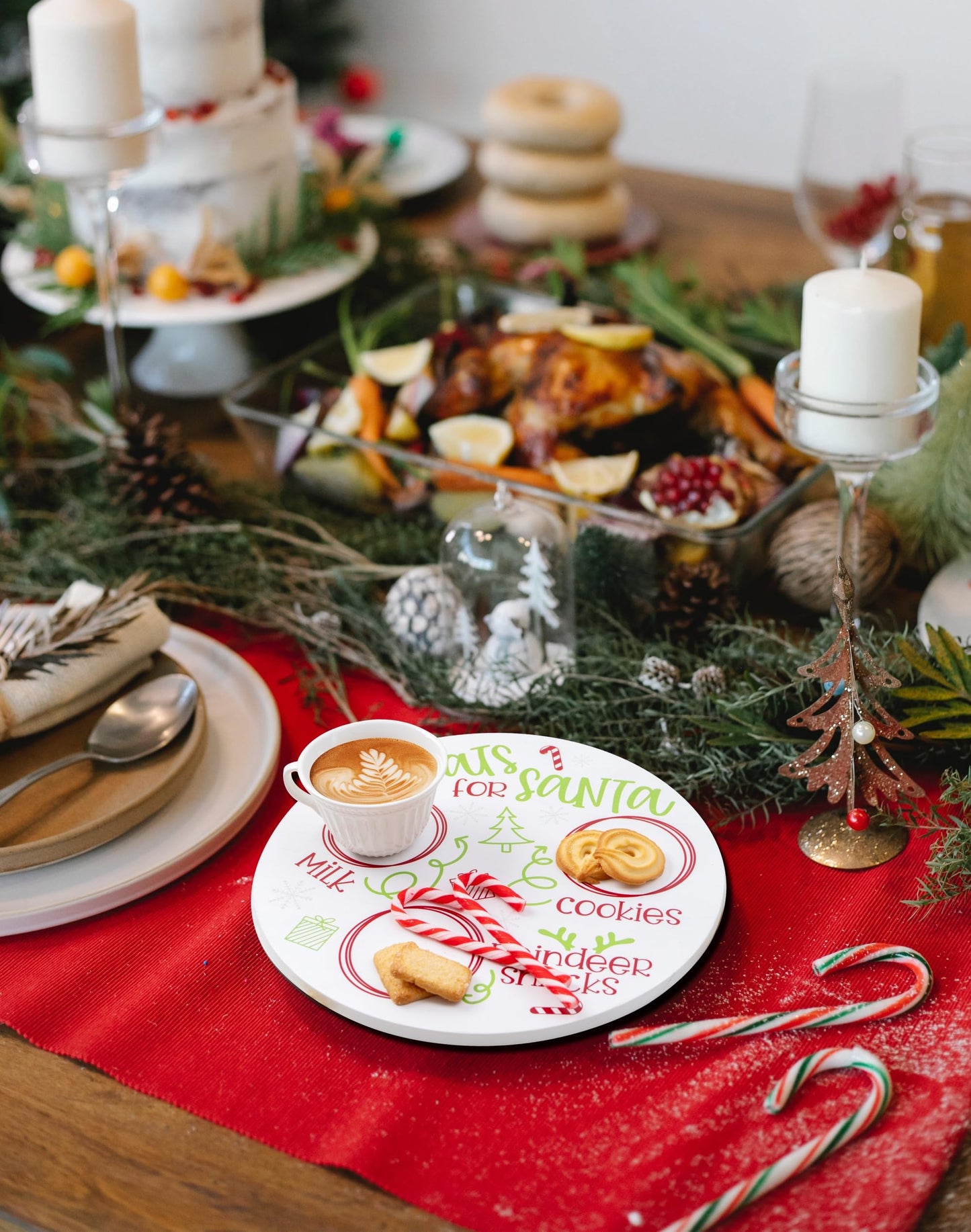 Rmeosye Santa Cookie Plate Treat Santa Christmas Wooden Round Tray Xmas Eve Cookies Milk Reindeer Snacks Cute Platter Mat Wood Plates Board for Christmas Decorations Supplies (White)