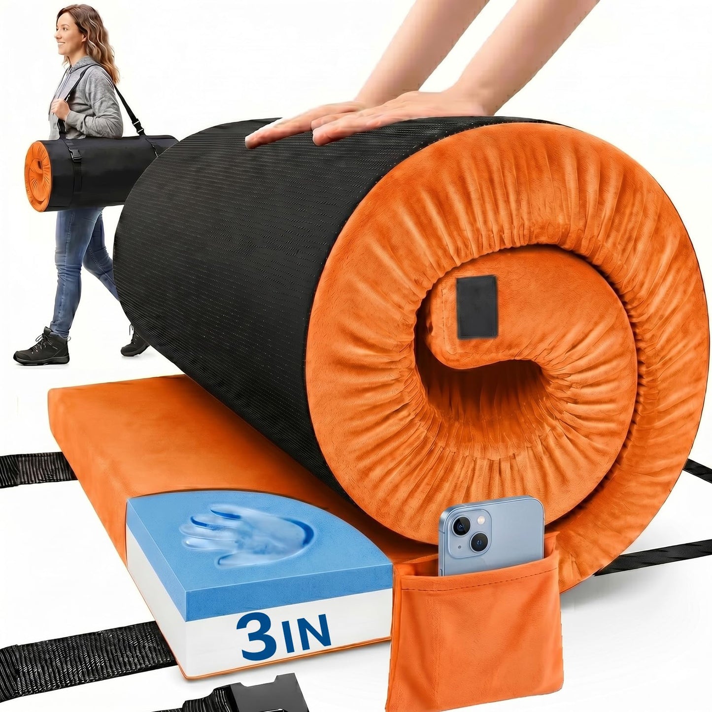 ORSEQFFG Camping Mattress Pad, 3 Inch Memory Foam Camping Mattress with Non-Slip Bottom & Washable Cover, Portable Roll Up Floor Camping Mat, Camping Sleeping Pad for Adults, Car Bed with Travel Bag